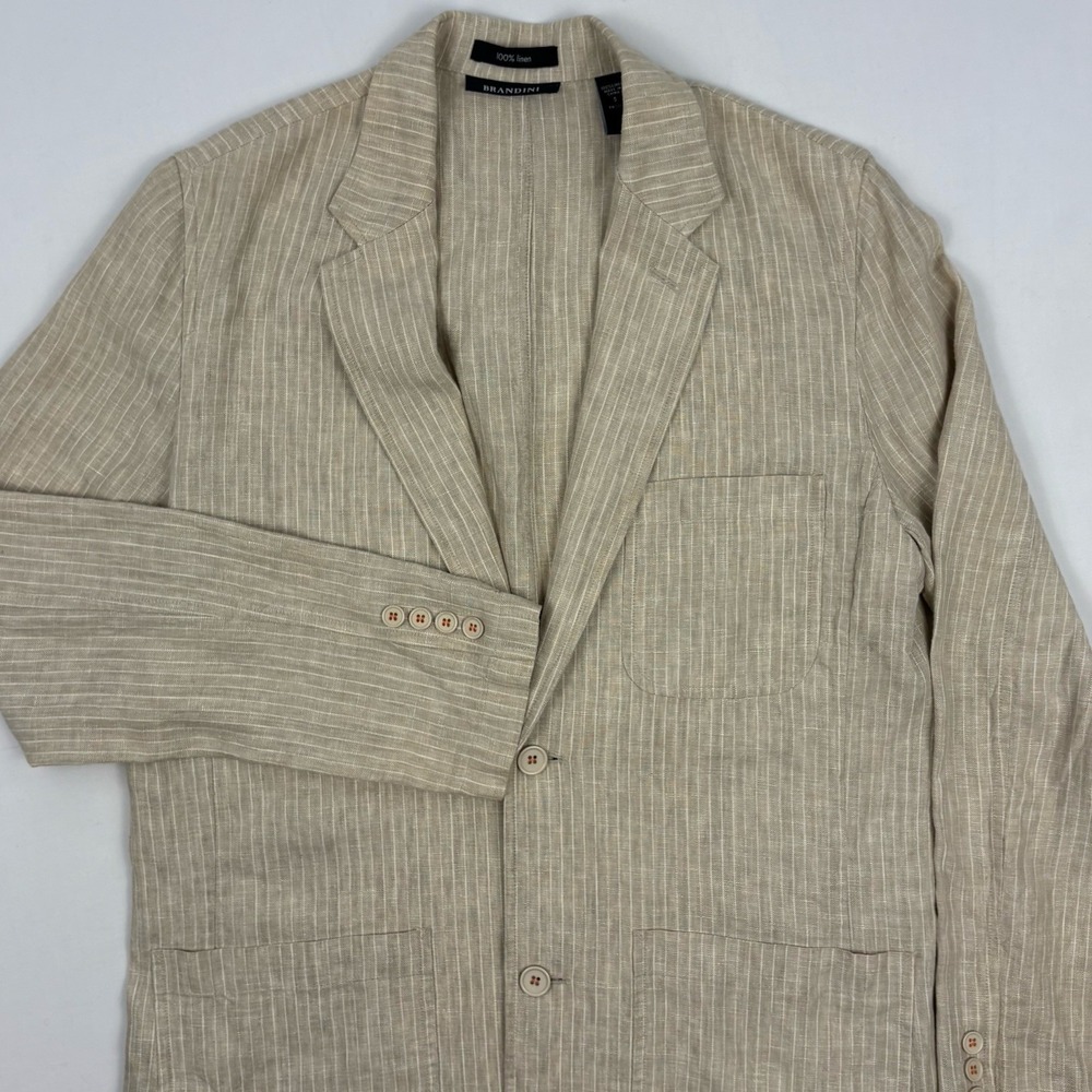Brandini Pinstripe Linen Unlined Blazer w/Patch Pockets S Beige Orange Trim